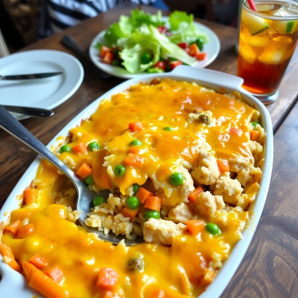 Cheesy chicken and rice casserole topped with melted cheese and colorful vegetables, served in a rustic setting.